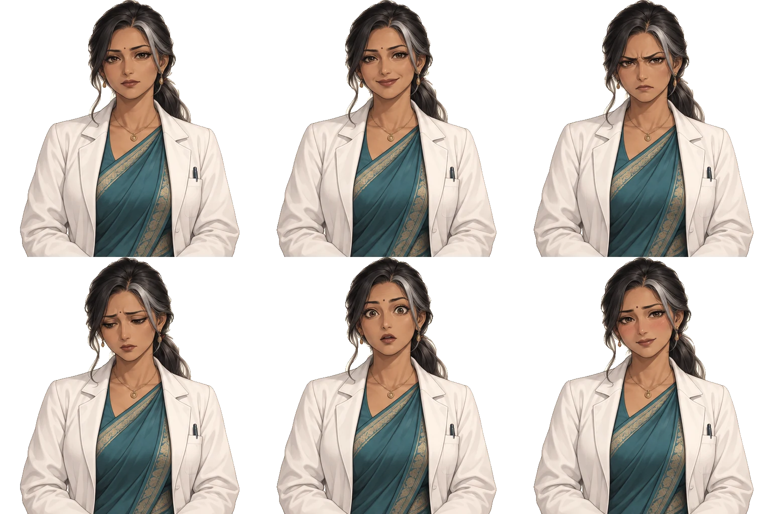 Six expressions of Anika Rao on a transparent background