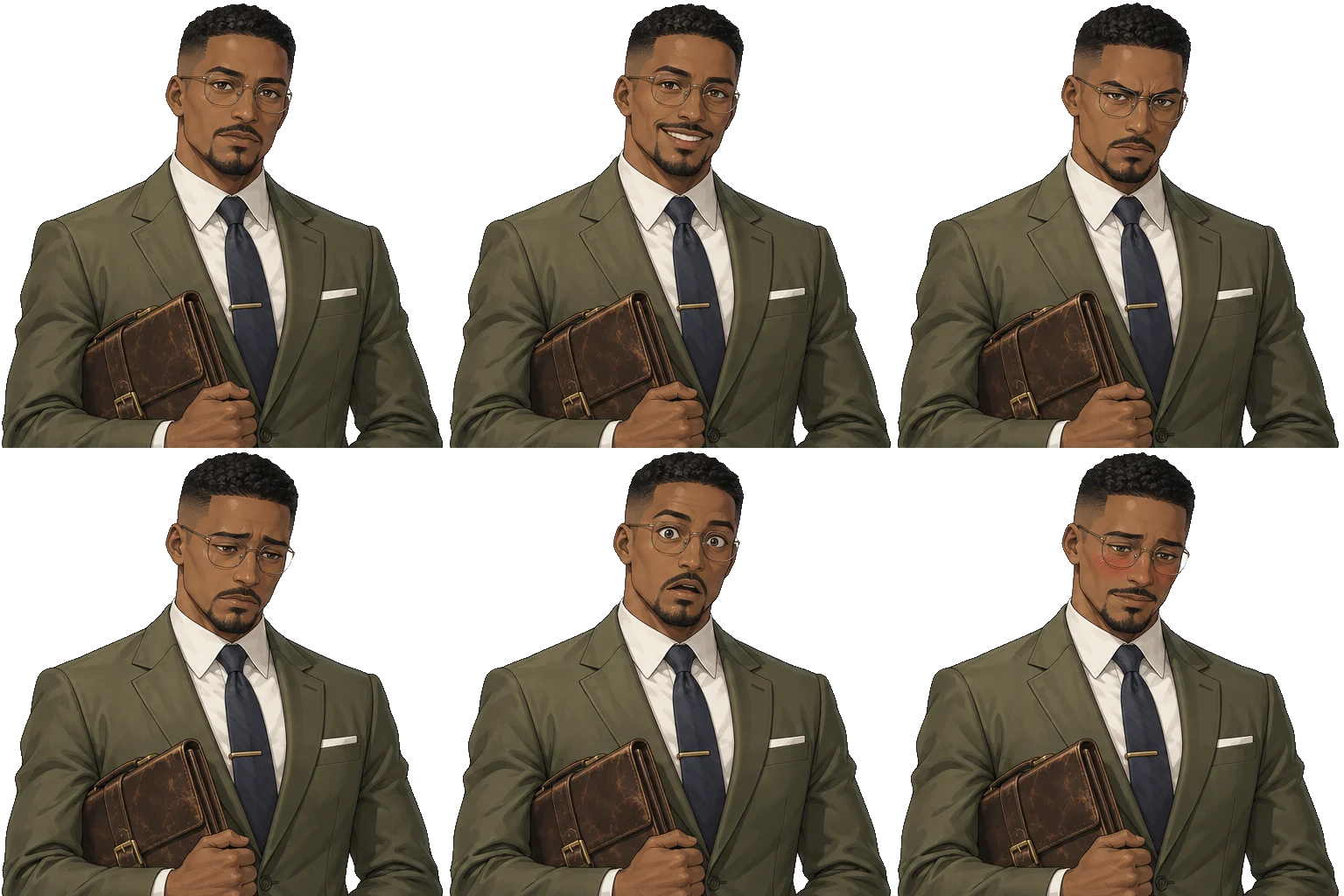 Six expressions of Cassian Ward on a transparent background