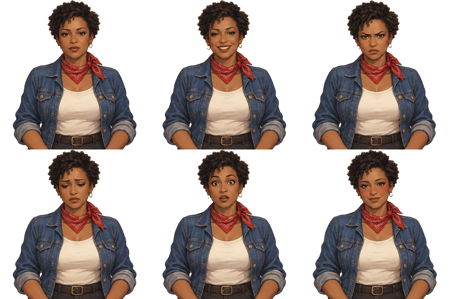 Six expressions of Cleo Washington on a transparent background