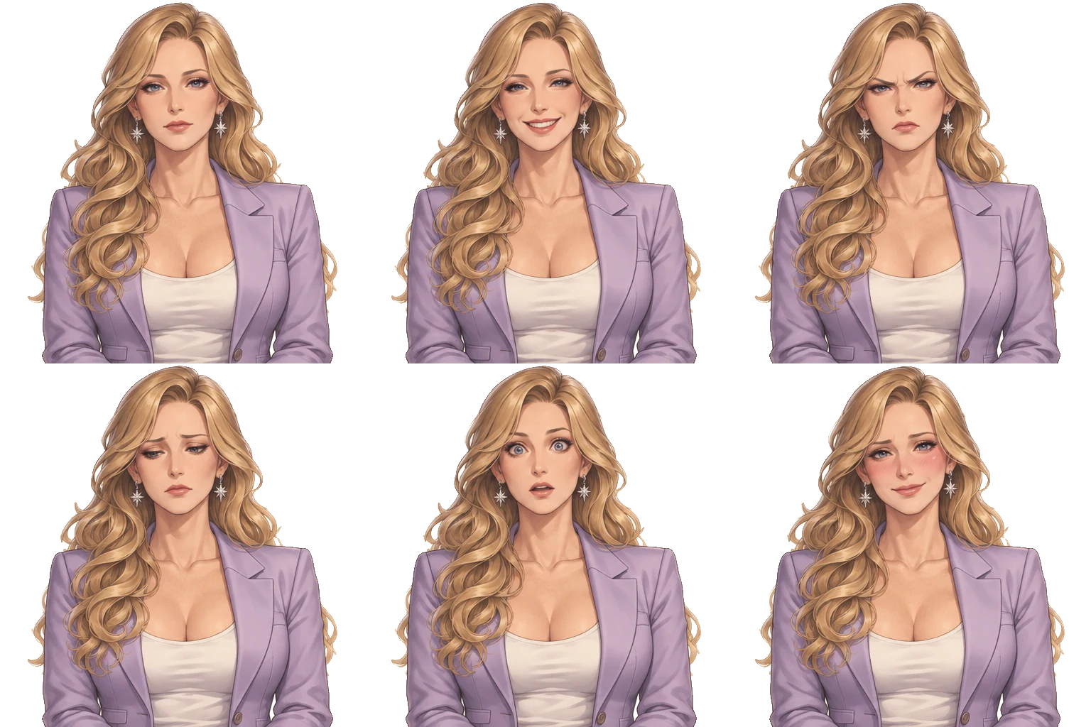 Six expressions of Daphne Sterling on a transparent background