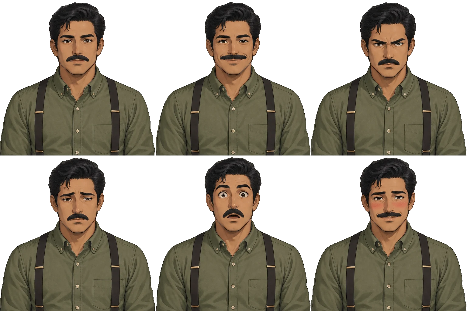 Six expressions of Diego Morales on a transparent background