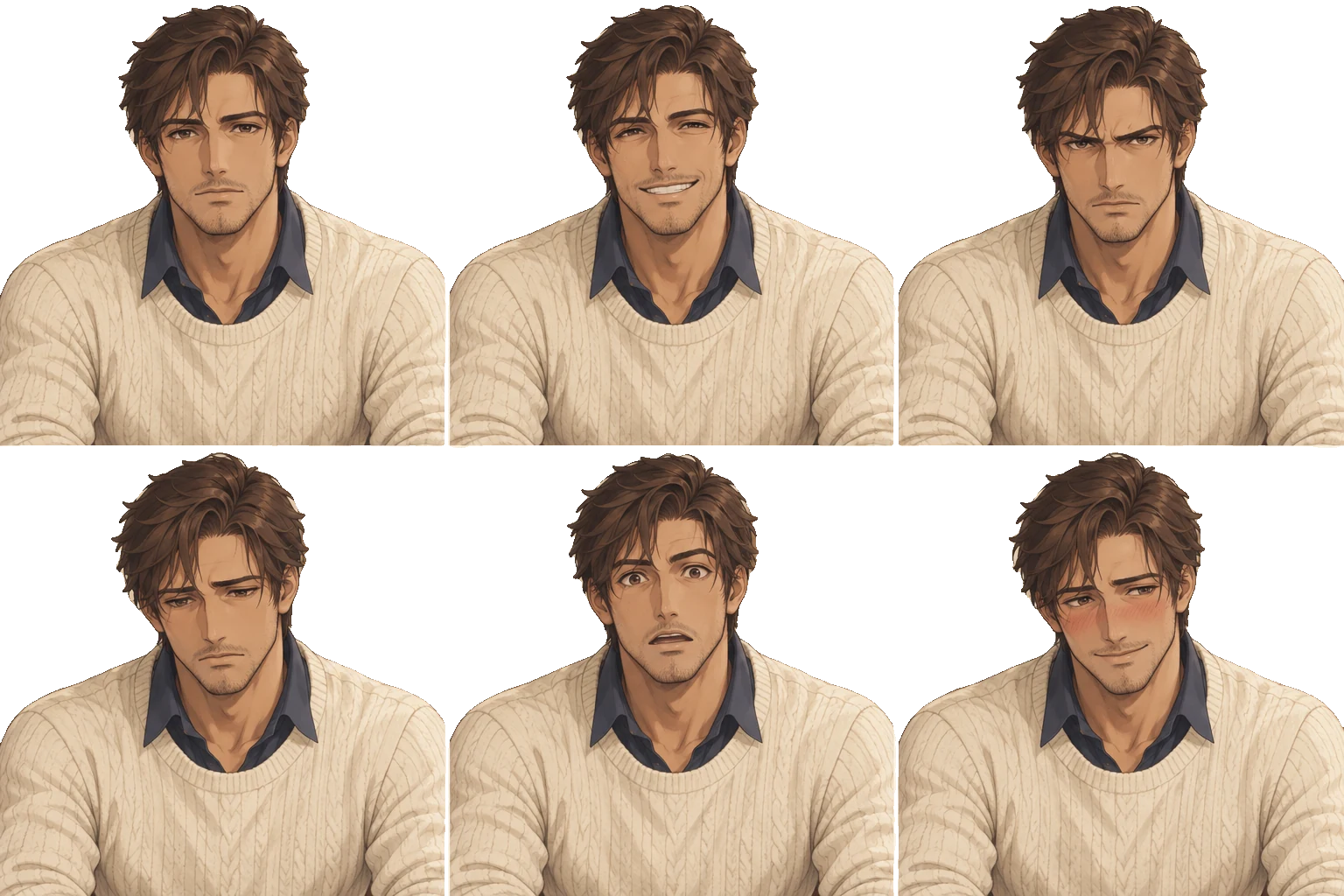 Six expressions of Felix Navarro on a transparent background