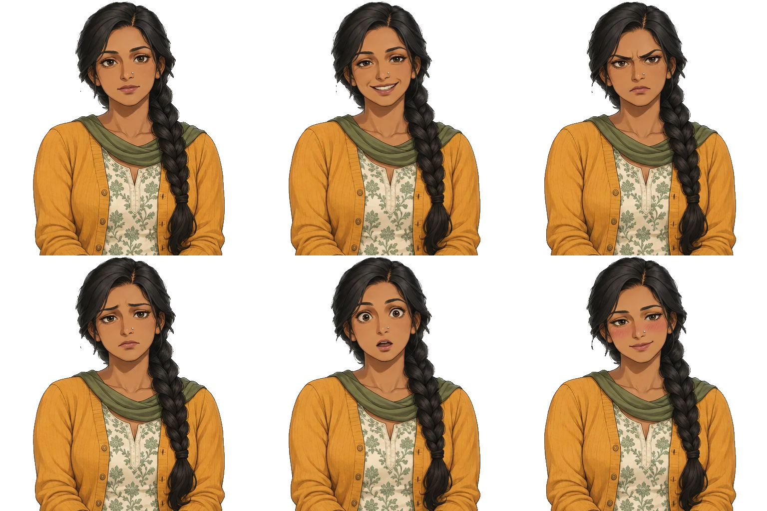 Six expressions of Gita Menon on a transparent background
