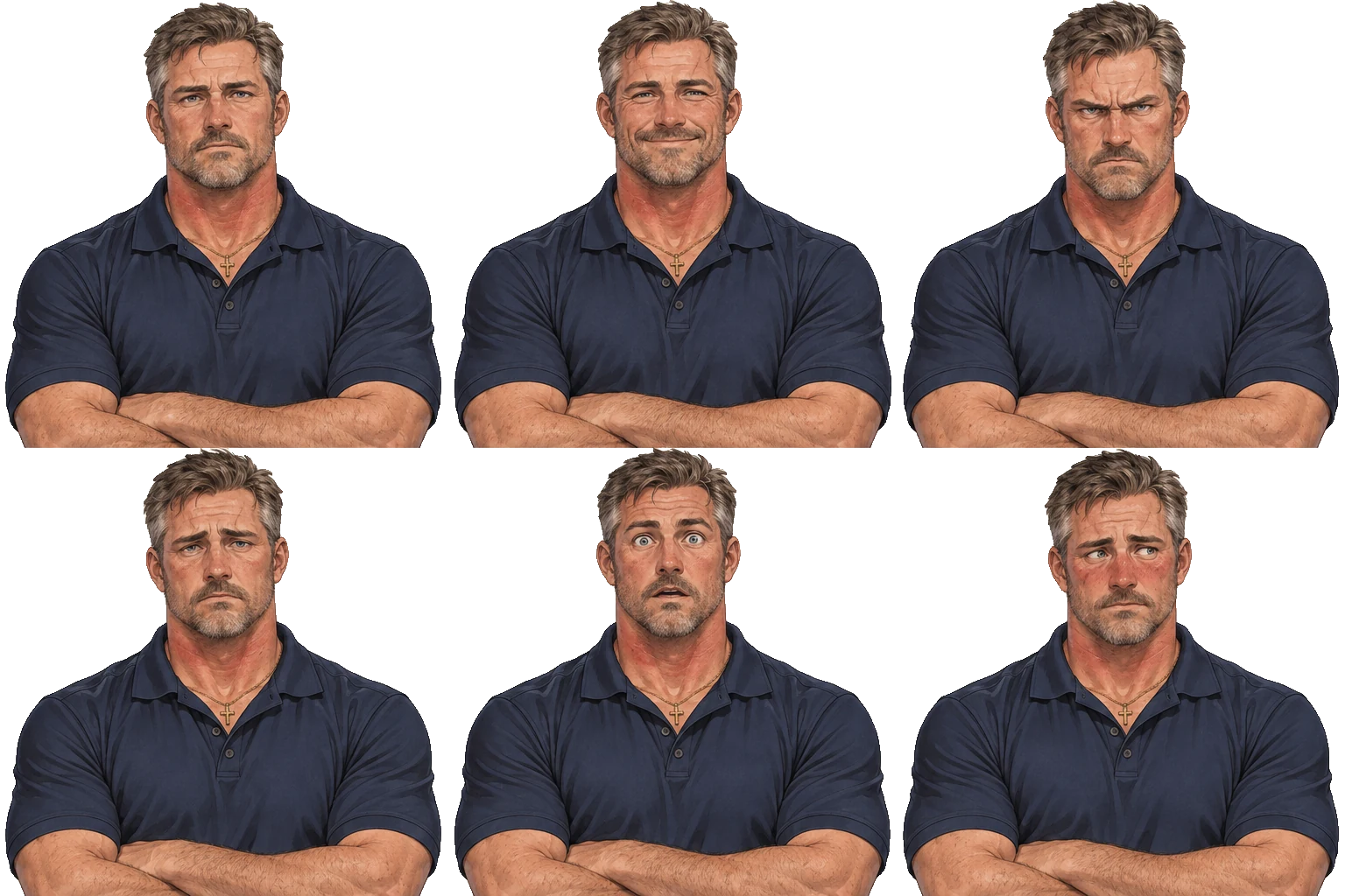 Six expressions of Grant Hollis on a transparent background