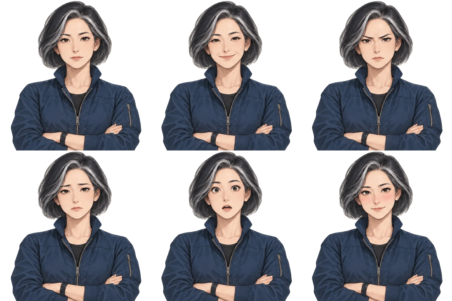 Six expressions of Helen Park on a transparent background