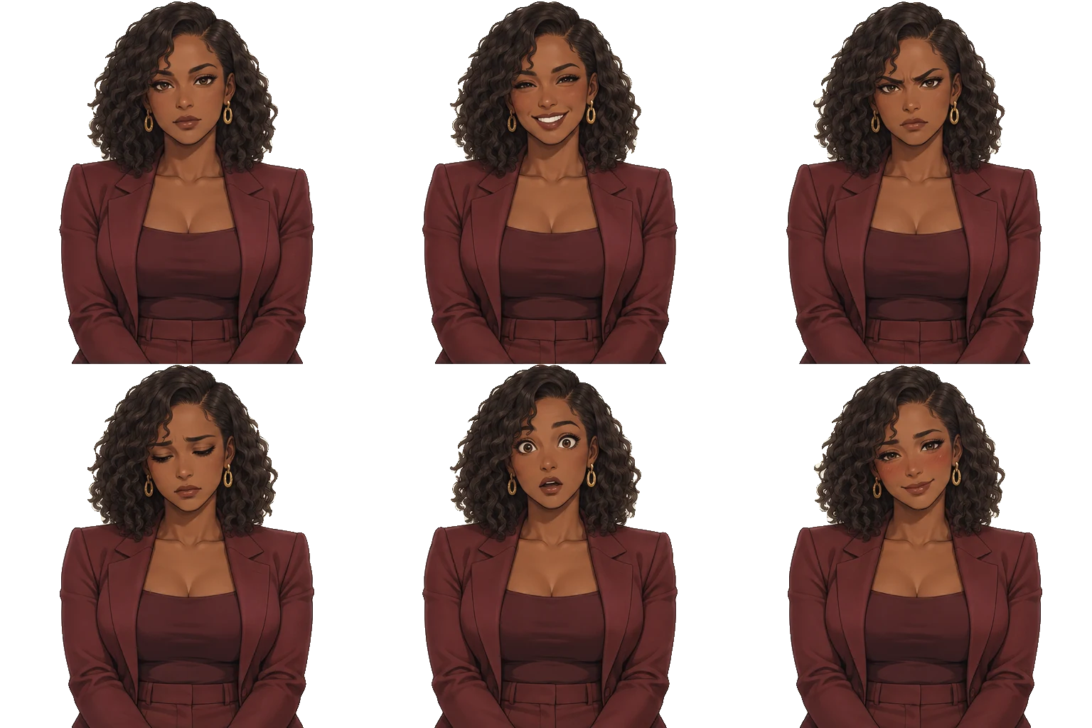 Six expressions of Imani Brooks on a transparent background