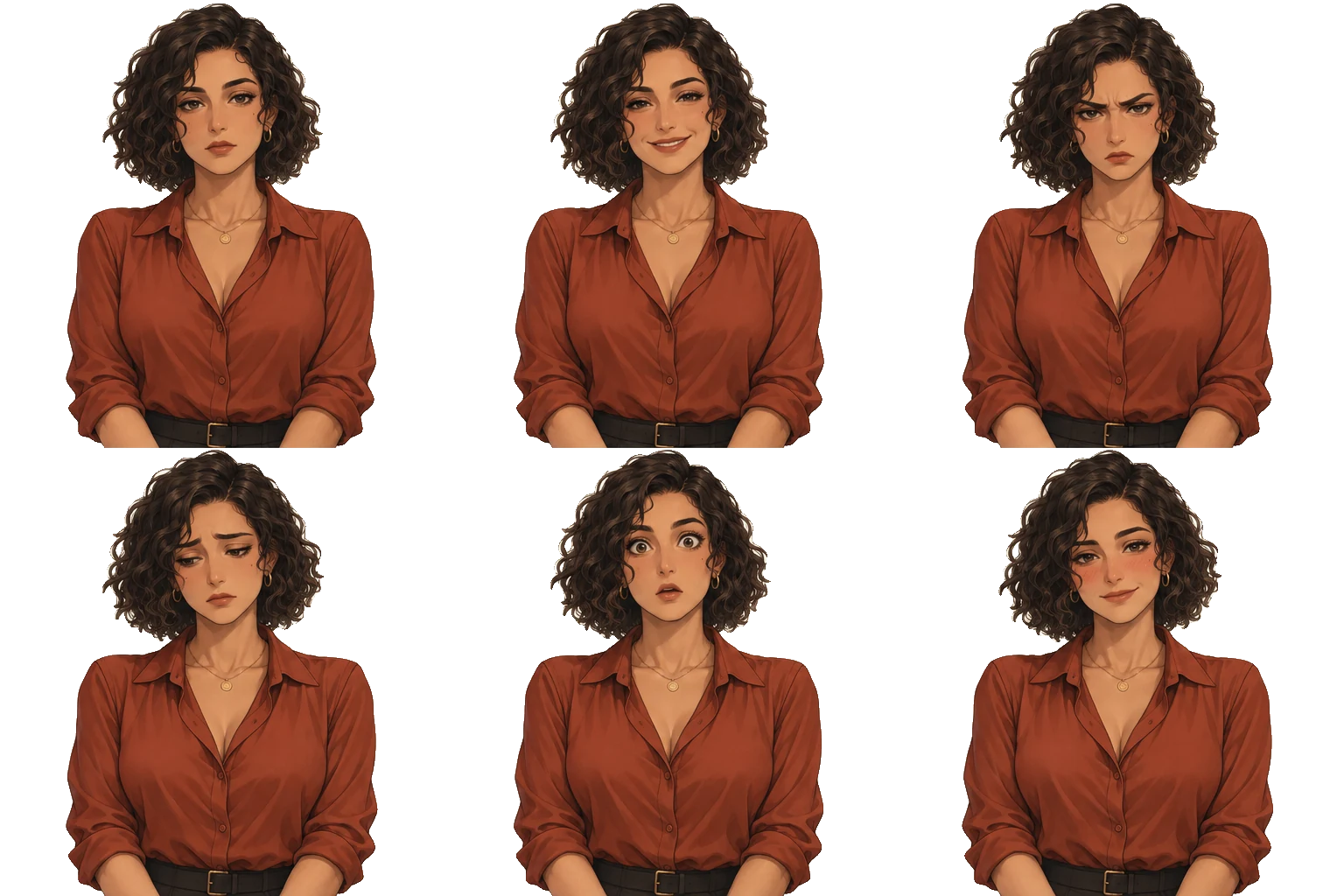 Six expressions of Inès Laurent on a transparent background