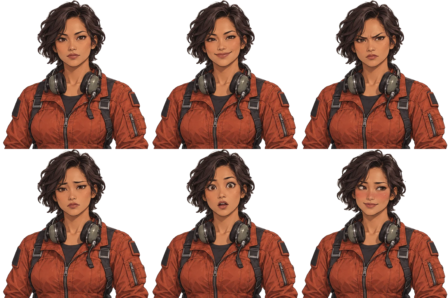 Six expressions of Iona Reyes on a transparent background