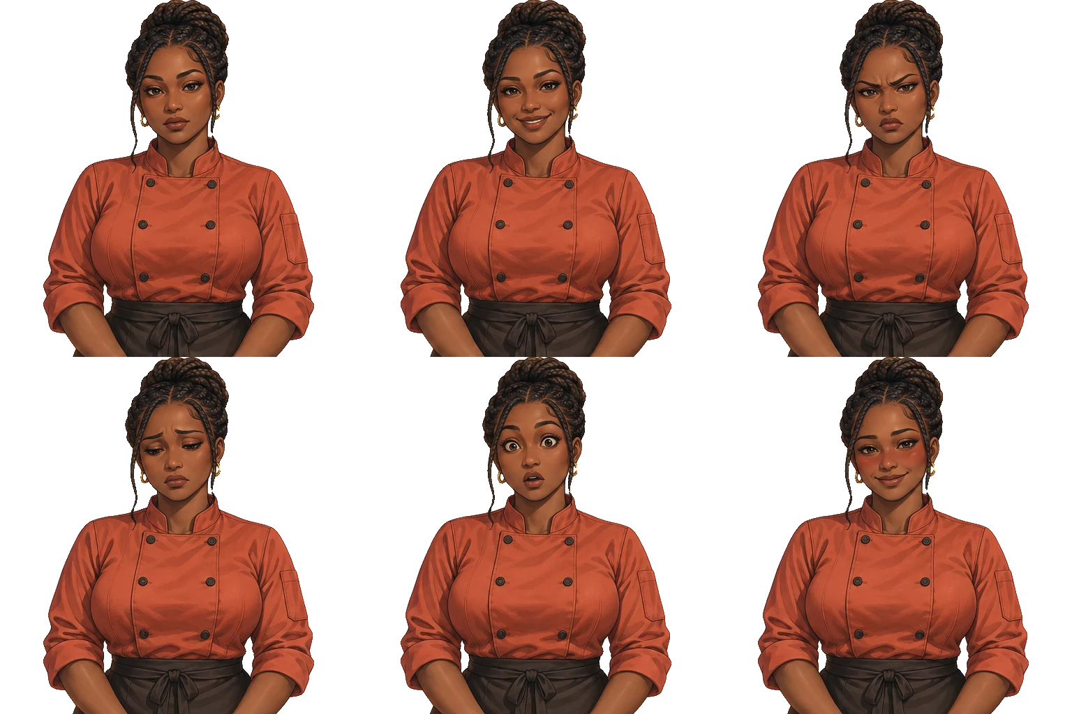 Six expressions of June Okafor on a transparent background