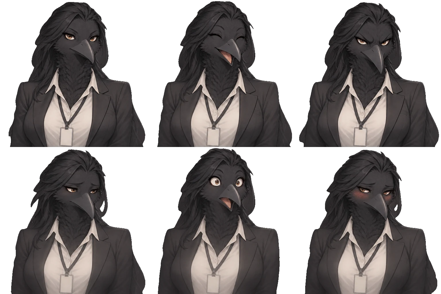 Six expressions of Kestrel Vane on a transparent background