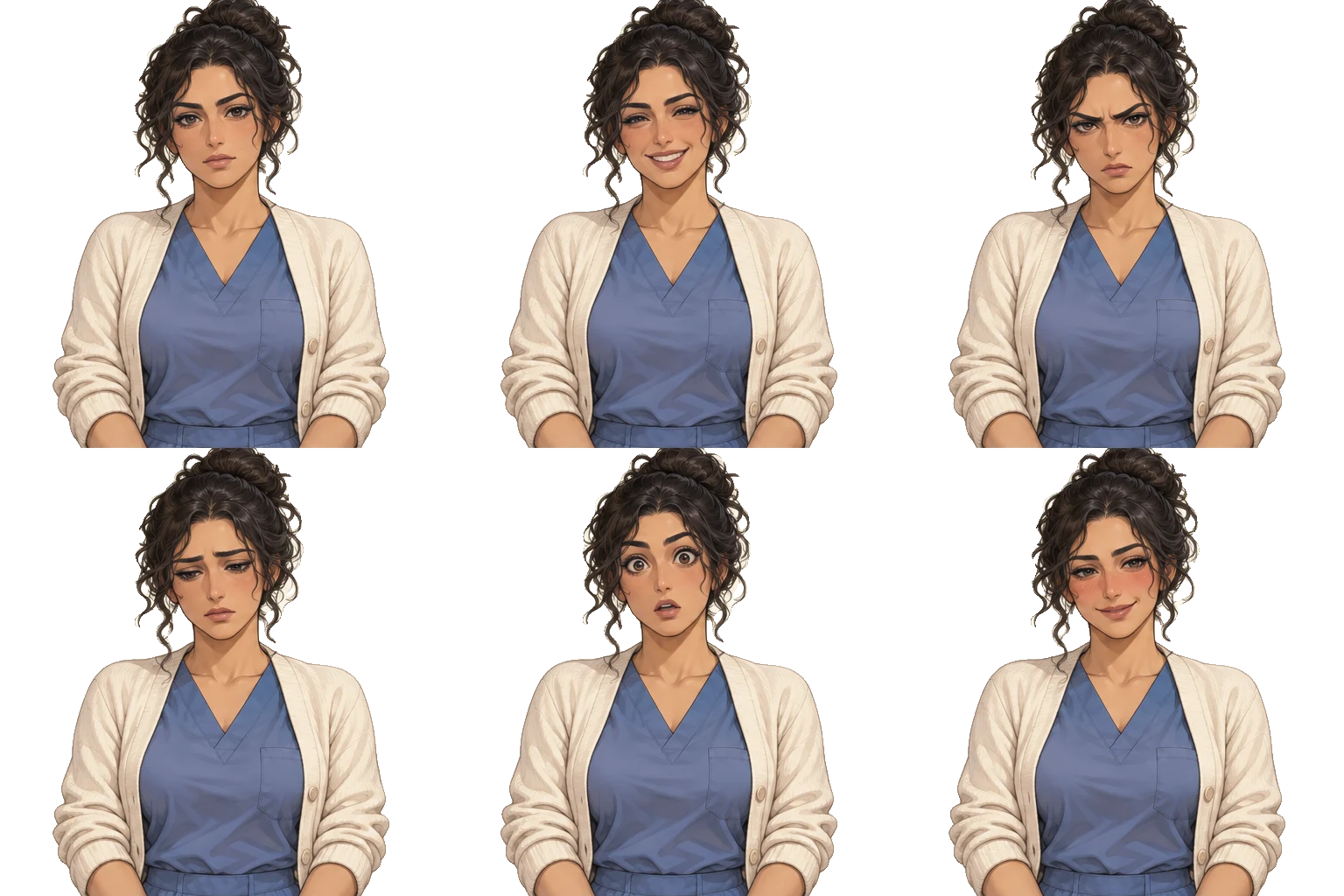Six expressions of Leila Haddad on a transparent background
