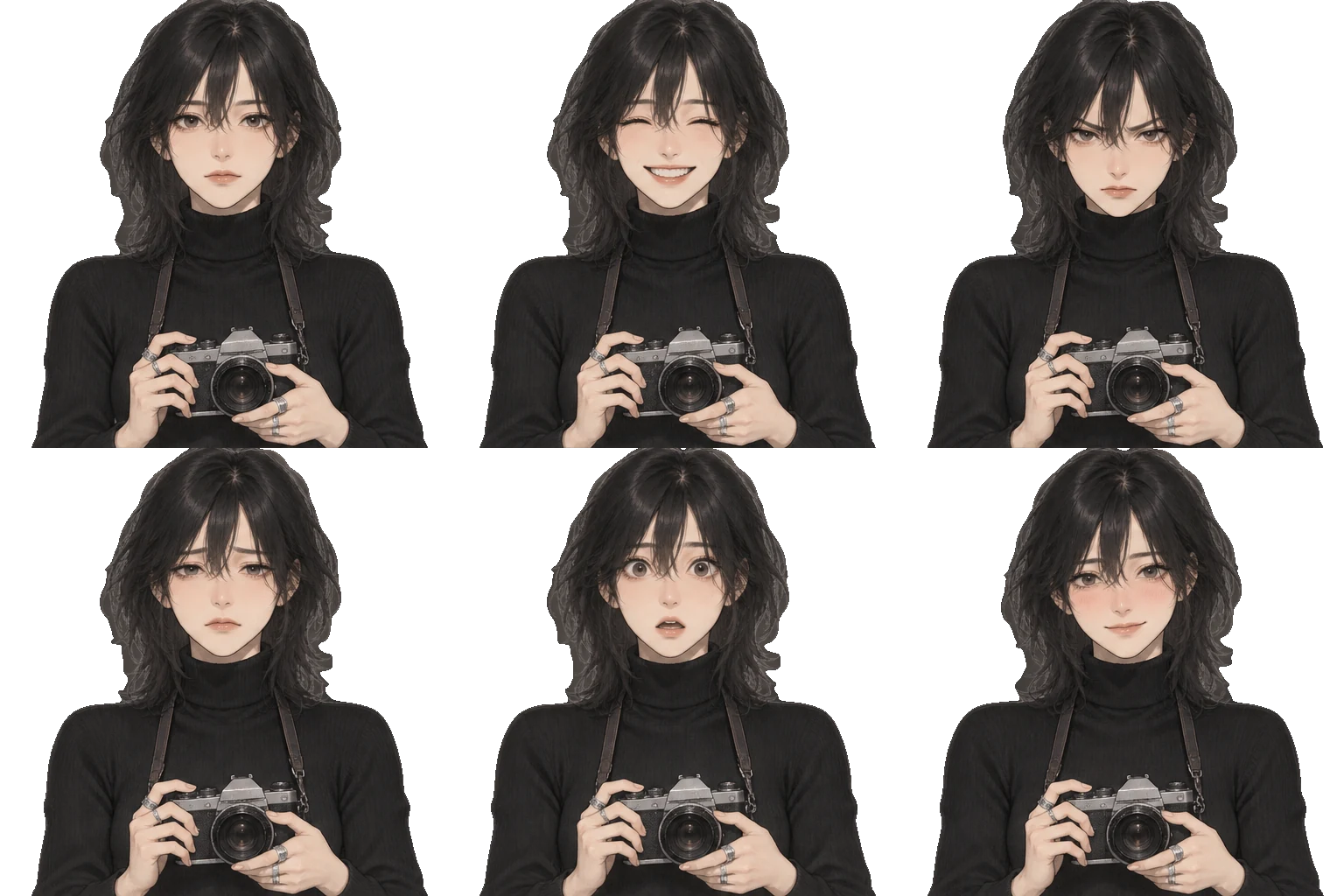 Six expressions of Lila Cho on a transparent background