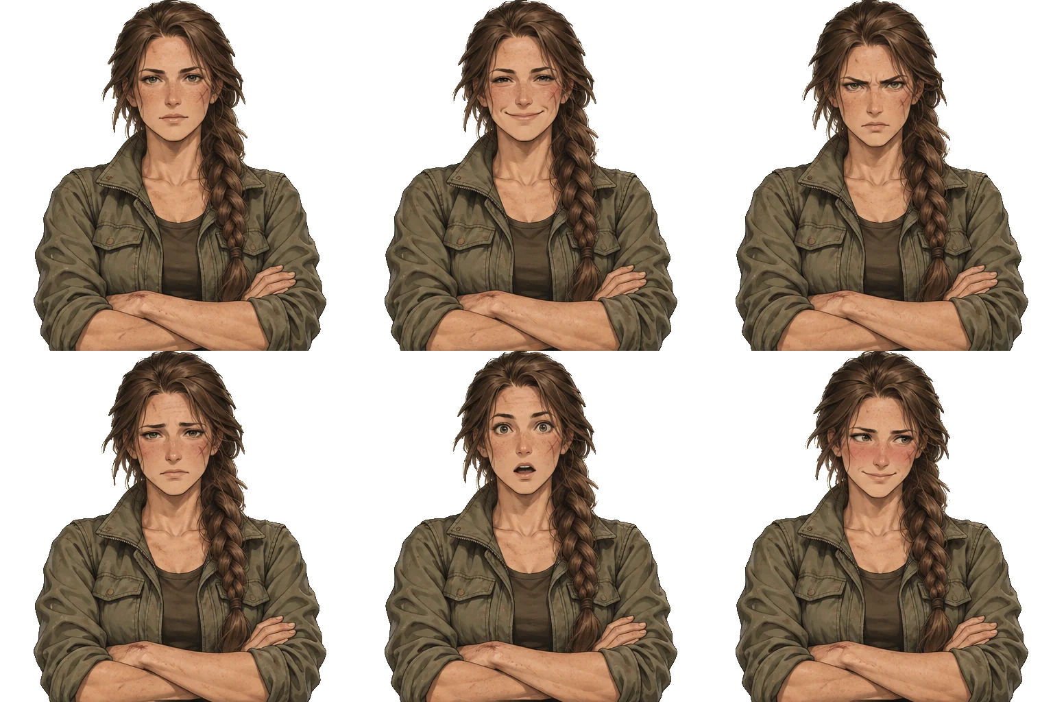 Six expressions of Maren Pike on a transparent background