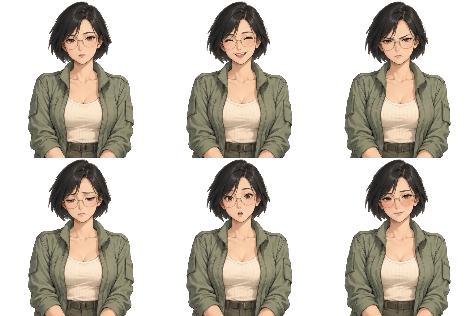 Six expressions of Mira Chen on a transparent background