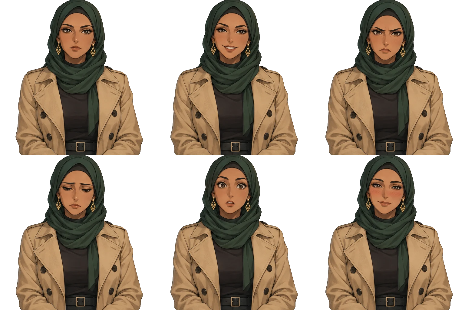Six expressions of Nadia Farouk on a transparent background