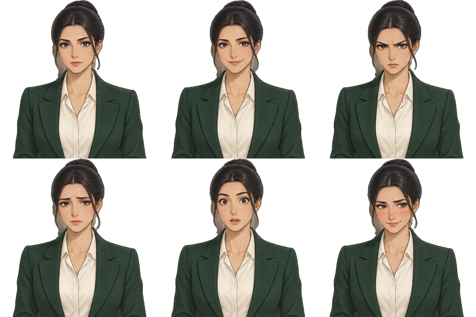 Six expressions of Noor Haddad on a transparent background
