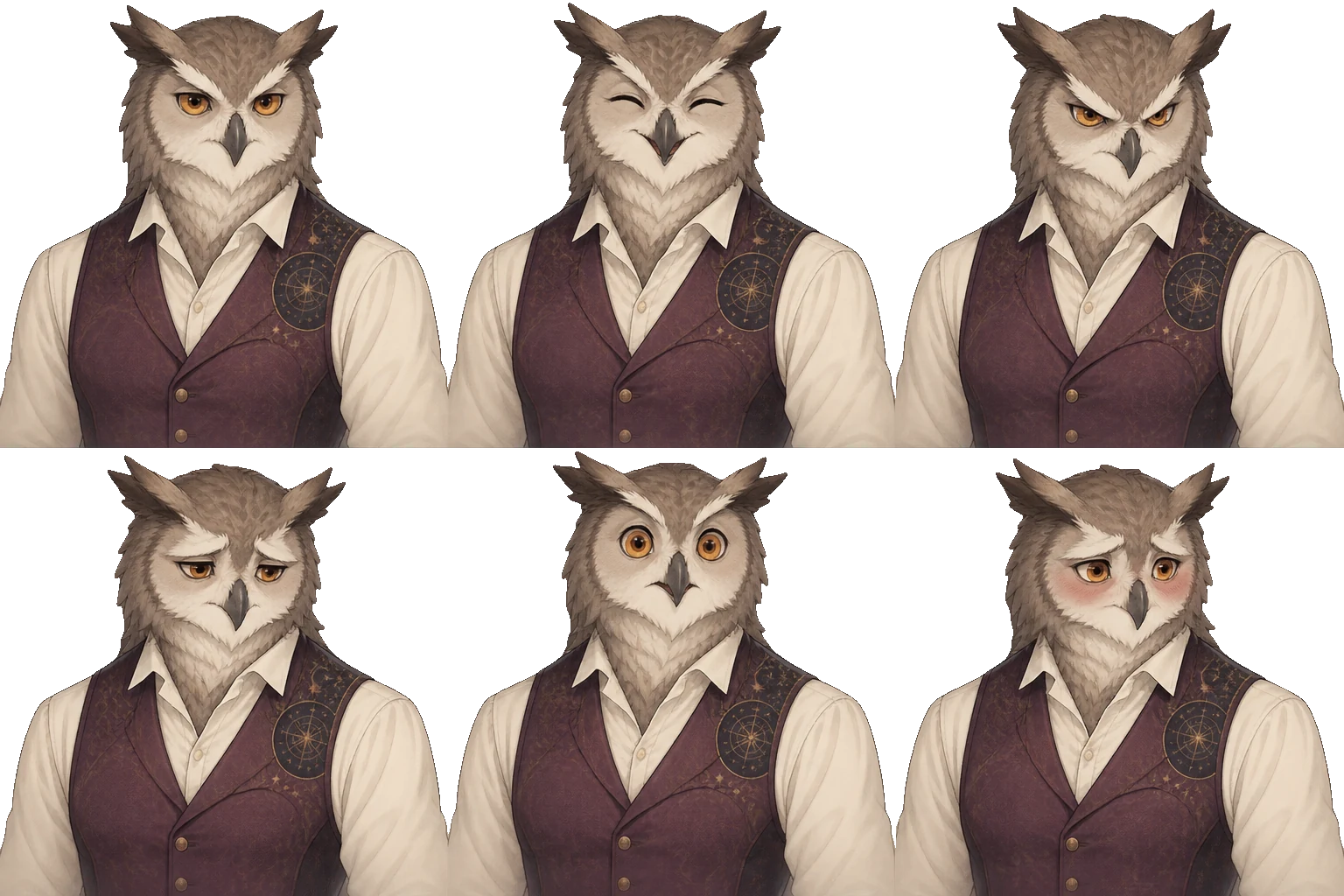 Six expressions of Orion Vale on a transparent background
