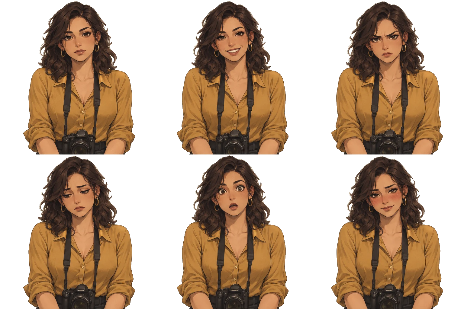Six expressions of Paloma Reyes on a transparent background