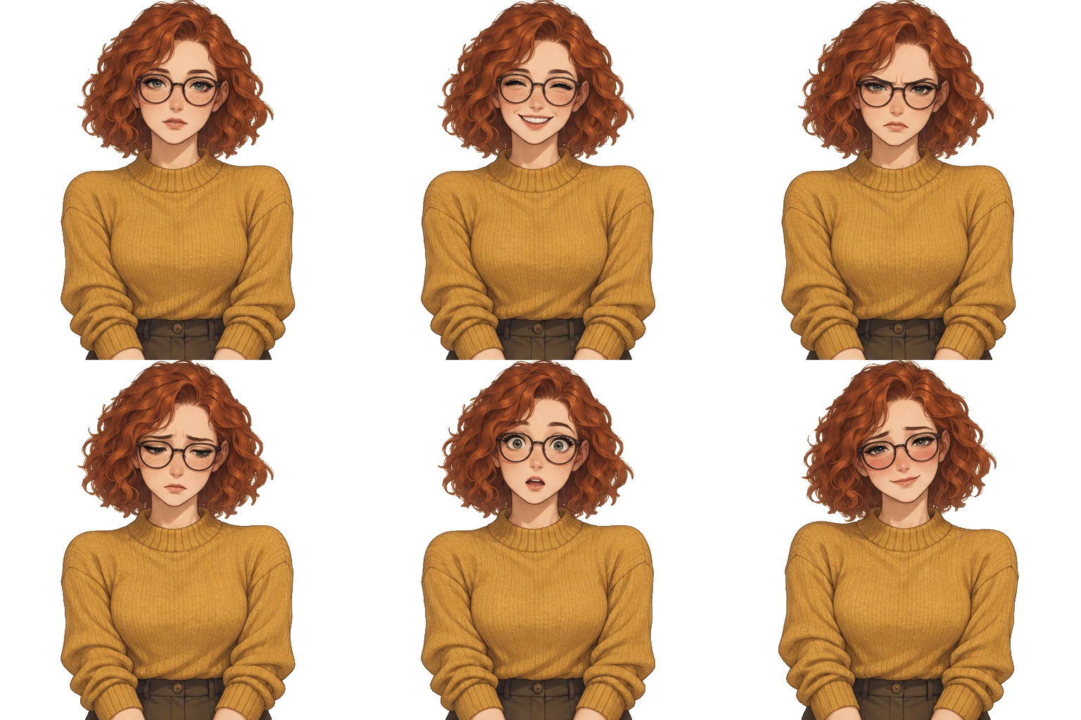 Six expressions of Poppy Ellis on a transparent background
