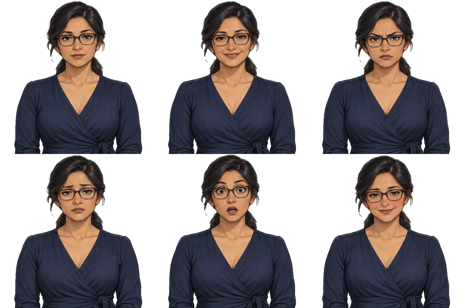 Six expressions of Priya Shah on a transparent background
