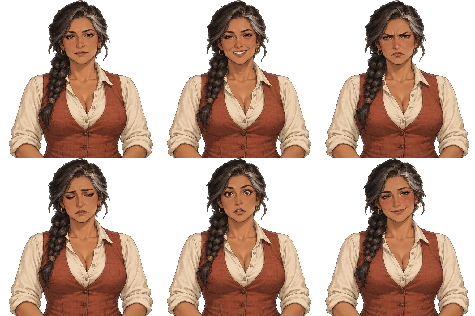 Six expressions of Rosa Marquez on a transparent background
