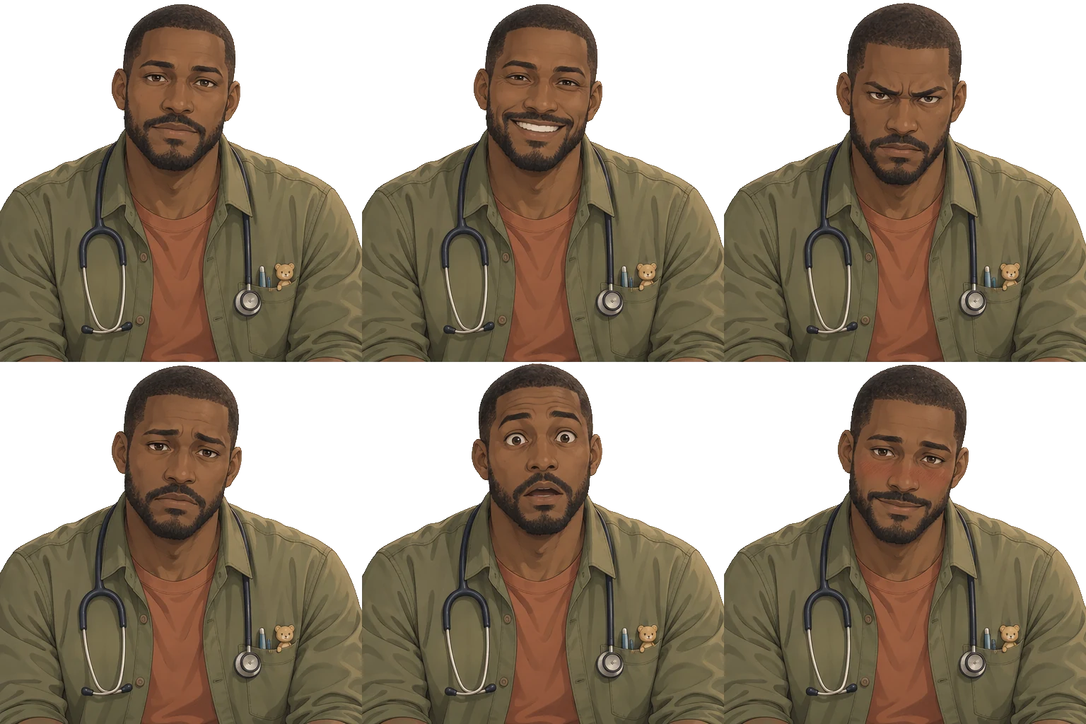 Six expressions of Rowan Baptiste on a transparent background