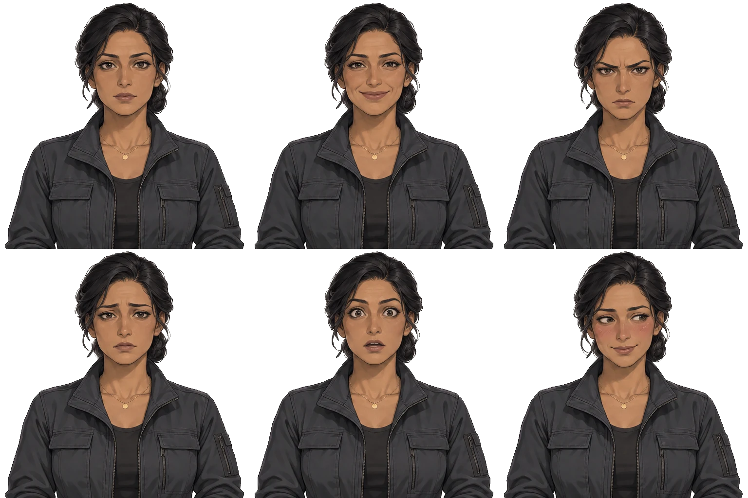Six expressions of Samira El-Sayed on a transparent background