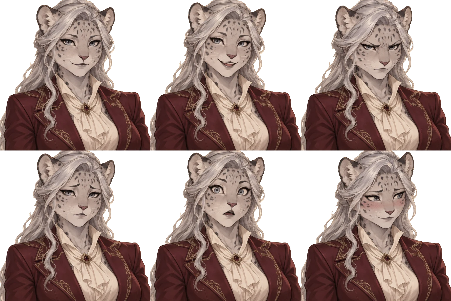 Six expressions of Selene Frost on a transparent background