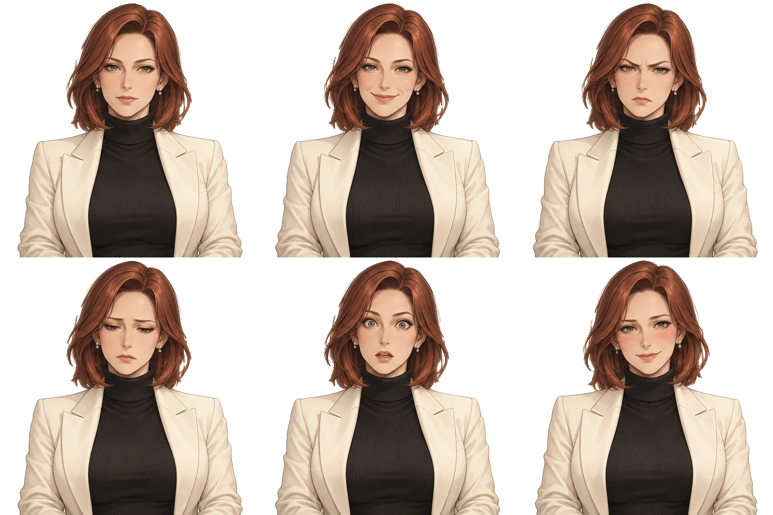 Six expressions of Sloane Mercer on a transparent background