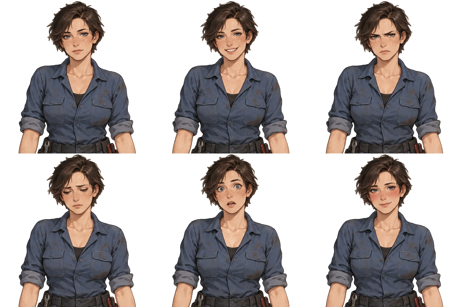Six expressions of Tess Morgan on a transparent background