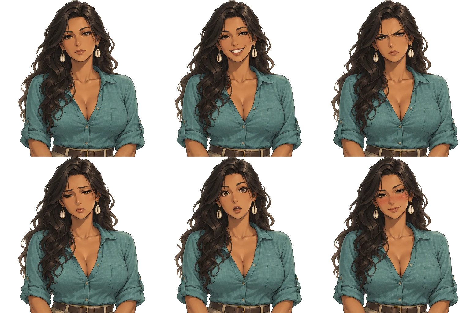 Six expressions of Valentina Costa on a transparent background