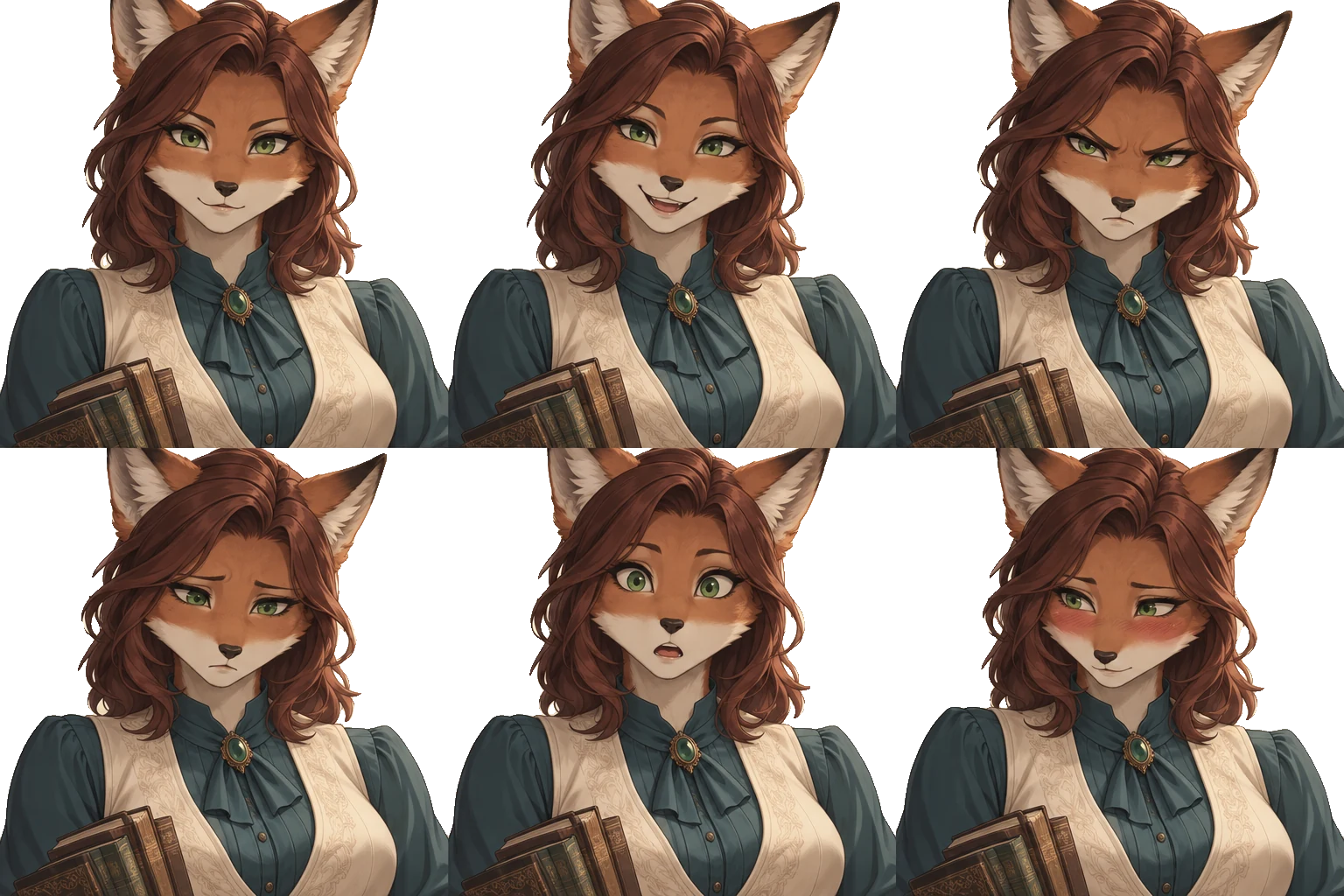 Six expressions of Vesta Quill on a transparent background