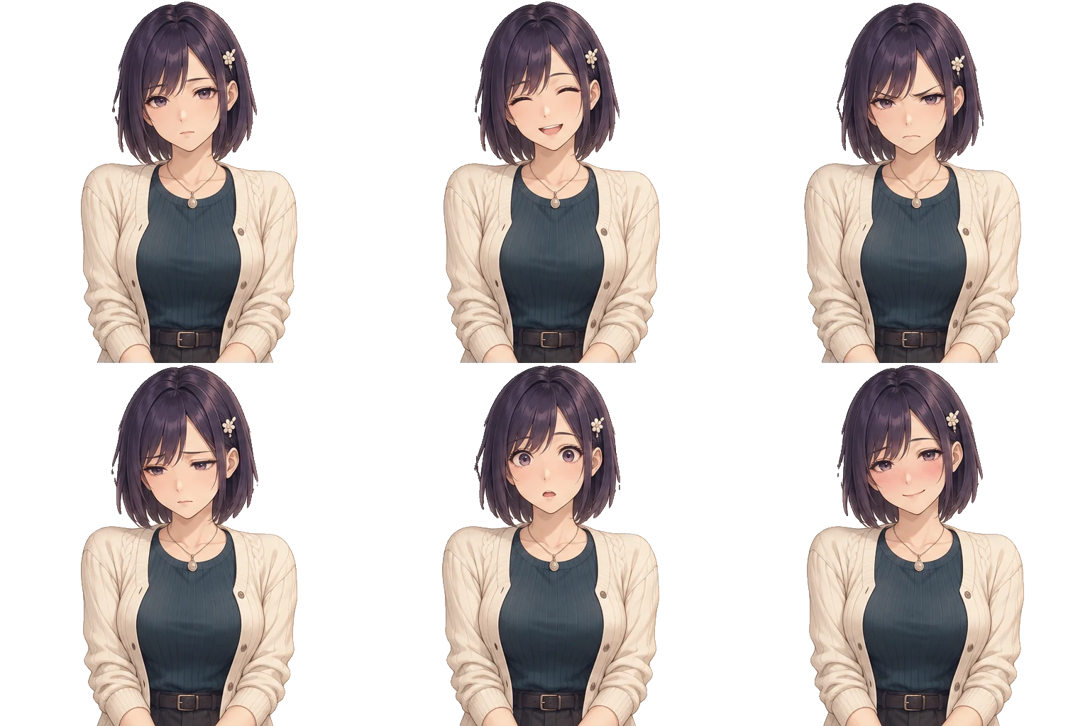 Six expressions of Yuki Tanaka on a transparent background